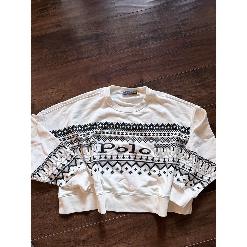 Polo Ralph Lauren Fair Isle Crewneck Cropped Sweatshirt Women's M Cream NEW